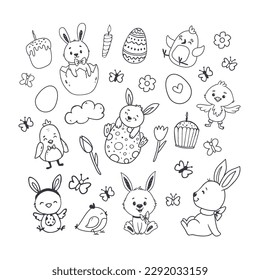set of easter elements on white background for your design. Easter bunny and eggs in doodle style. Vector illustration