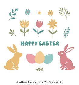 Set of Easter elements: rabbit, eggs, flowers, tulip, chamomile, leaves, twigs