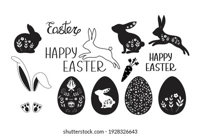 Set of easter elements vector illustration, Easter eggs, bunny, floral pattern svg