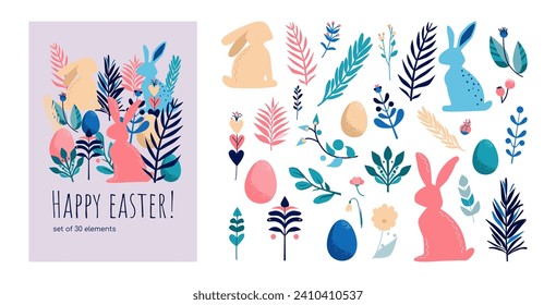 Set of Easter elements. Vector minimalistic illustration of bunnies, flowers, twigs and eggs. Flat composition.