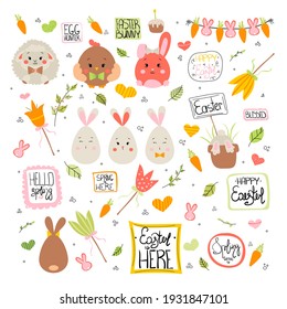 Set of Easter elements. Vector stock illustration of eggs, chicken, rabbit, branches, tulips, sheep, carrot, different hand draw greetings lettering. Design for card template, holiday decorations etc.