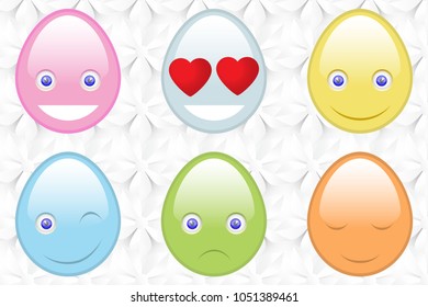 Set of Easter emojis icons eggs for Your design, isolated, in white floral background. Vector illustration