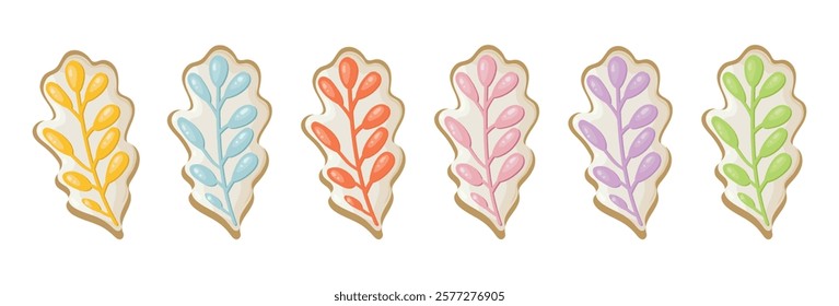 Set of easter feathers. Spring religious holiday happy easter. Gift in the form of colorful gingerbread feather. Vector illustration isolated on white.