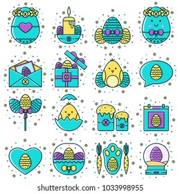 Set of Easter flat color line icons: decorated eggs, calendar, chicken, gift, basket, message box and letter envelope. Spring christian holiday signs, symbols, objects, pictograms. 