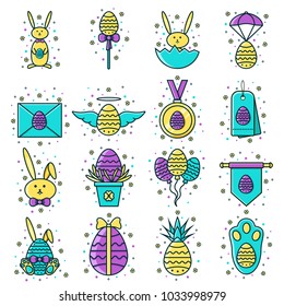 Set of Easter flat color line icons: decorated eggs,bunny, sale tag, medal, air balloons, letter envelope. Spring christian holiday signs, symbols, objects, pictograms in thin linear design.