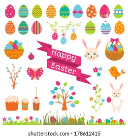 Set of Easter flat elements. Vector illustration.