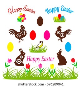 Set of  Easter flat icons with a chocolate rabbit and rooster, easter egg, tulips, bird in the grass on a white background. Vector.
