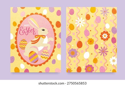 Set of Easter flyers.Cute Easter bunny in vintage colorful frame and colorful painty eggs and flowers on wavy lines bright background.Holiday backdrop.Template for design,web,banner, post,sales.Vector