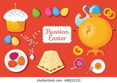 Set Easter food. Food illustration with Easter cake, eggs, willow branches, samovar, cup, jam