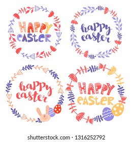 Set of easter frame. a round frame of flowers with a rabbit. Easter background. Festive background with the inscription "Happy Easter".