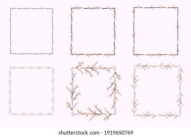 Set of Easter frames. Square Willow frame.Easter wreath made of willow stalks.Vector illustration isolated on a white background. 