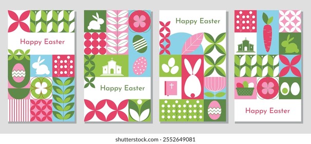 Set of Easter geometric banners, posters, greeting cards. Modern minimalist style. Traditional mosaic symbols. vector