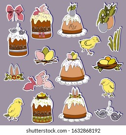 Set of easter gift stickers, scrapbooking elements, labels, badges with cute rabbits, cakes, eggs, chickens. Easter greeting stickers with rabbit, flowers, eggs. Vector illustration