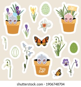Set of Easter gift stickers, scrapbooking elements, labels, badges with cute bunnies and flowers. Easter greeting stickers with bunny, flowers, eggs. 