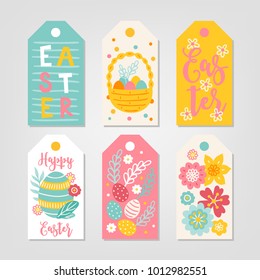 Set of Easter Gift Tags with basket, eggs, flowers, leaves, branches, flowers and leaves in White, Blue, Yellow and Pink. Perfect for holiday greetings