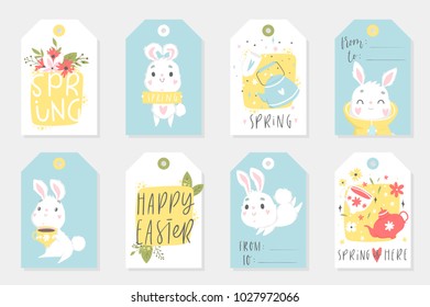 Set of Easter gift tags and labels with cute cartoon characters and type design . Easter greetings with cute bunny, cups, eggs and flowers. Vector illustration.