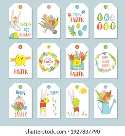 Set of Easter gift tags and labels with cute cartoon characters and type design . Easter greetings with bunny, chickens, eggs and flowers. Cute design. Spring mood. Vector illustration.