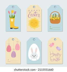 Set of Easter gift tags and labels with cute cartoon characters and lettering. Doodle flat style 