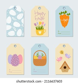 Set of Easter gift tags and labels with cute cartoon characters and lettering. Doodle flat style 