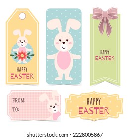 Set of Easter gift tags and labels with cute cartoon bunny. Easter greetings with bunny, eggs and flowers.