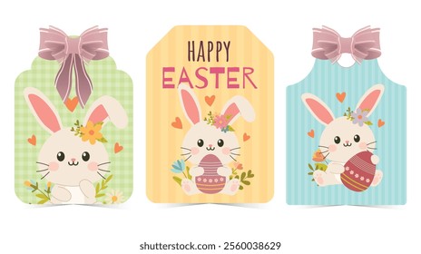 Set of Easter gift tags and labels with cute cartoon bunny. Easter greetings with bunny, eggs and flowers.