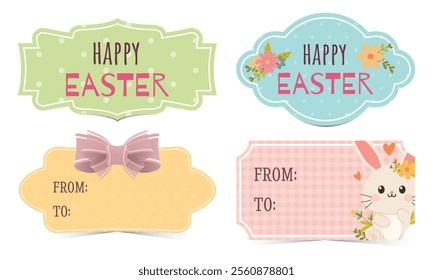 Set of Easter gift tags and labels with cute cartoon bunny. Easter greetings with bunny, eggs and flowers.