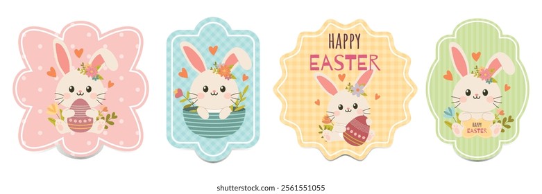 Set of Easter gift tags and labels with cute cartoon bunny. Easter greetings with bunny, eggs and flowers.