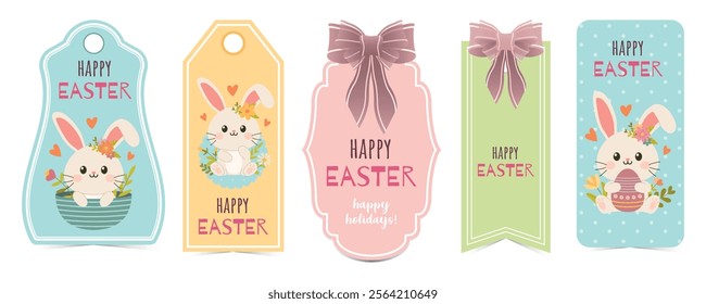 Set of Easter gift tags and labels with cute cartoon bunny. Easter greetings with bunny, eggs and flowers.