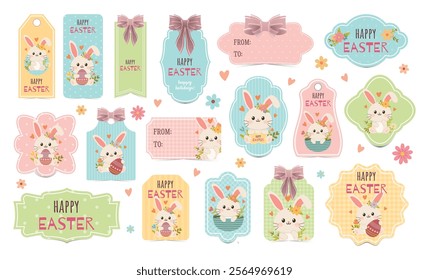 Set of Easter gift tags and labels with cute cartoon bunny. Easter greetings with bunny, eggs and flowers.