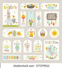 Set of Easter gift tags and labels with cute cartoon characters and type design . Easter greetings with bunny, chickens, eggs and flowers. Vector illustration.