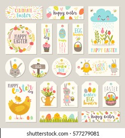 Set of Easter gift tags and labels with cute cartoon characters and type design . Easter greetings with bunny, chickens, eggs and flowers. Vector illustration.