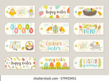 Set of Easter gift tags and labels with cute cartoon characters and type design . Easter greetings with bunny, chickens, eggs and flowers. Vector illustration.