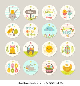 Set of Easter gift tags and labels with cute cartoon characters and type design . Easter greetings with bunny, chickens, eggs and flowers. Vector illustration.