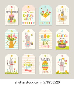 Set of Easter gift tags and labels with cute cartoon characters and type design . Easter greetings with bunny, chickens, eggs and flowers. Vector illustration.