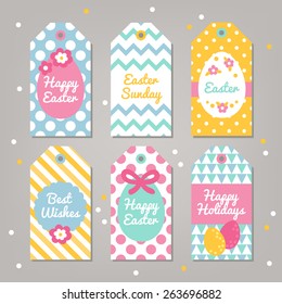 Set of Easter Gift Tags with Polka Dot, Chevron, Triangles and Diagonal Stripes Patterns in Pink, Yellow, Turquoise, Blue and White. Perfect for Easter presents and gifts. Vector illustration.