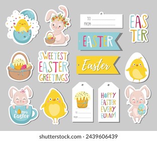 Set of Easter gift tags, scrapbooking elements, labels, badges with cute bunnies, chicken and lettering . Easter greeting stickers with bunny, flowers, eggs