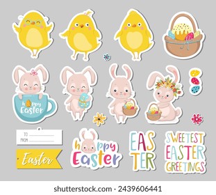 Conjunto de etiquetas de regalo de Pascua, elementos de scrapbooking, etiquetas, insignias con conejitos lindos, pollo y letras . Pegatinas de saludo de Pascua con conejito, flores, huevos