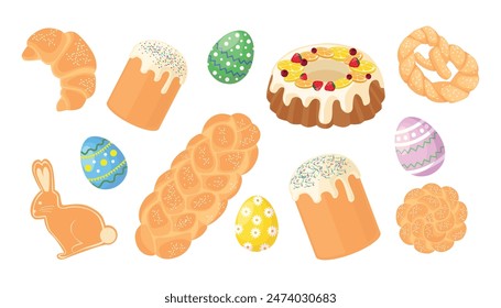 Set of Easter goodies in cartoon style. Vector illustration of Easter pastries and decorated eggs: Easter, bagel, cupcake with icing and berries, braids, rabbit cookies isolated on a white background.