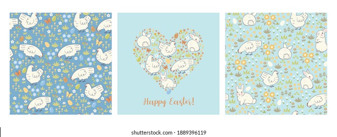 Set of Easter graphics with bunnies and chickens . Vector graphics.