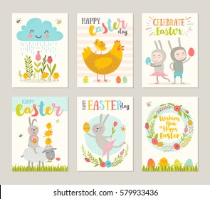 Set of Easter greeting card with cartoon characters, flowers, chickens and eggs. Vector illustration.