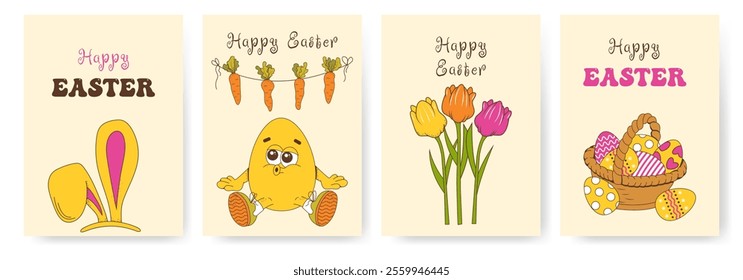 Set of easter greeting card with cute illustrations. Egg hunt event invitation template. Ideal for flyer, postcard, promo.Happy Easter creative poster collection.