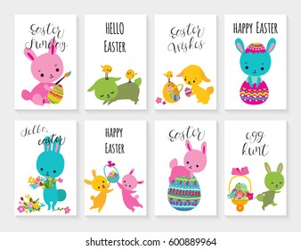 Set of easter greeting card for kids with bunny chick egg