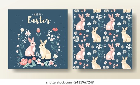 Set of Easter greeting card and seamless pattern with rabbit, spring template. Happy Easter