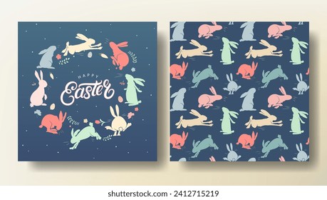 Set of Easter greeting card and seamless pattern with bunnies, spring template. Happy Easter