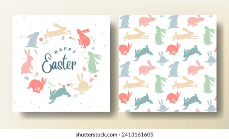 Set of Easter greeting card and seamless pattern with bunnies, spring template. Happy Easter