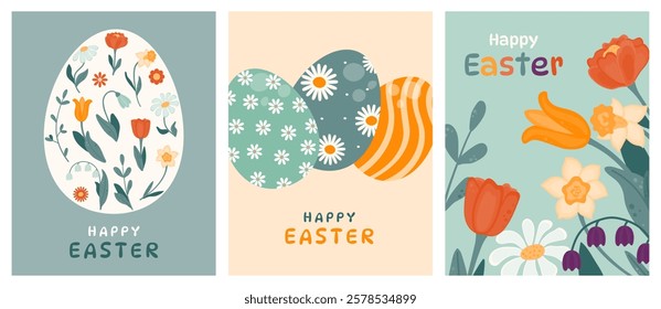 Set of Easter greeting cards. Backgrounds with painted Easter eggs and spring flowers. Vector illustration in a flat style.