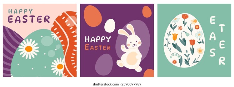 Set of Easter greeting cards. Backgrounds with painted Easter eggs, Easter bunny and spring flowers. Vector illustration in a flat style.