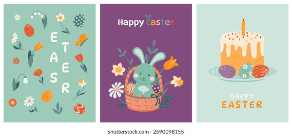 Set of Easter greeting cards. Backgrounds with painted Easter eggs, Easter bunny, Easter cake and spring flowers. Vector illustration in a flat style.