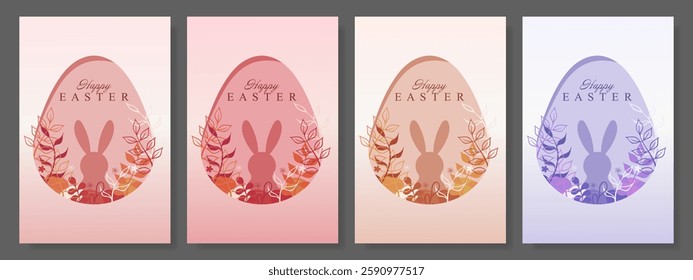 Set of Easter greeting cards with bunny silhouettes inside decorated eggs. Soft pastel shades and floral elements create an elegant and festive holiday design