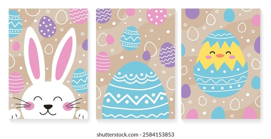 Set of Easter greeting cards. Cartoon design with cute bunny, eggs, and chick. Vector illustration
